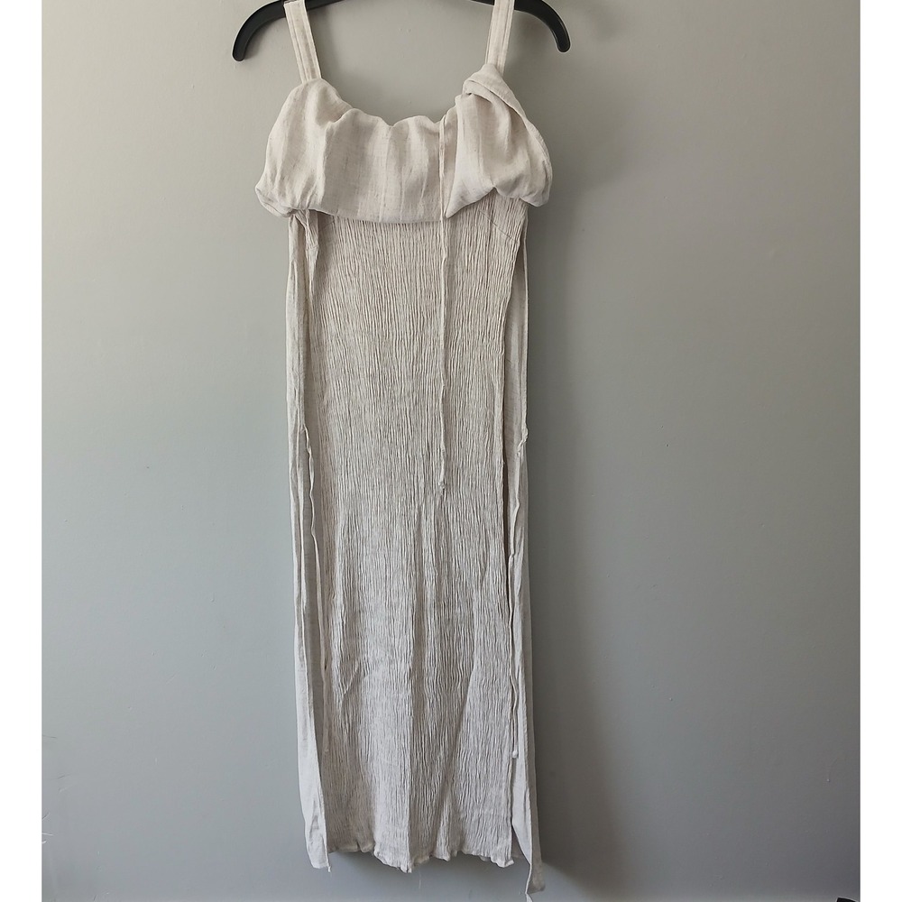 Luna Luz Women's Size Medium Beige Double Slit Maxi Midi Dress Tie Waist Woven - Picture 8 of 14